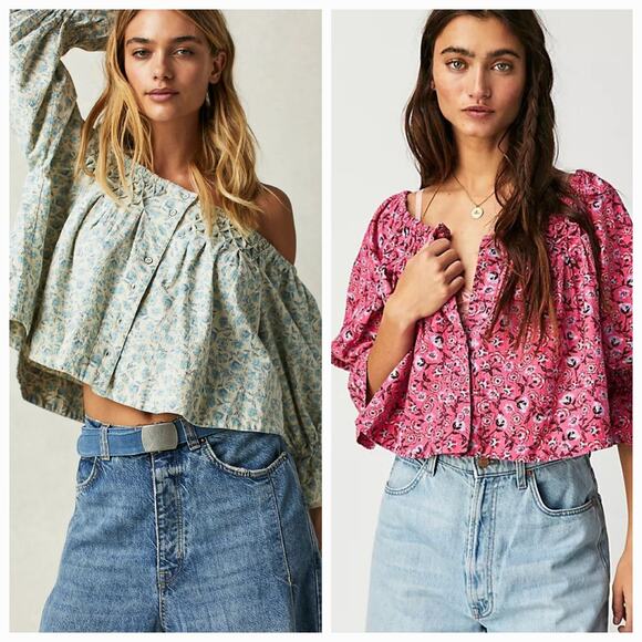 NWT Free People James Smock Top Boho $128 SMALL Pink Floral Smock Style Cropped - Picture 4 of 4